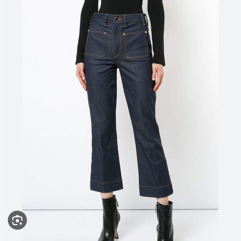 Khaite Raquel Patch Pocket Crop Flare Blue Denim Jeans Size 27